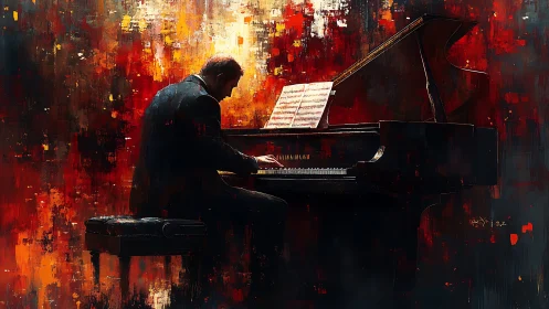 Pianist at a glowing grand piano wrapped in fiery color.