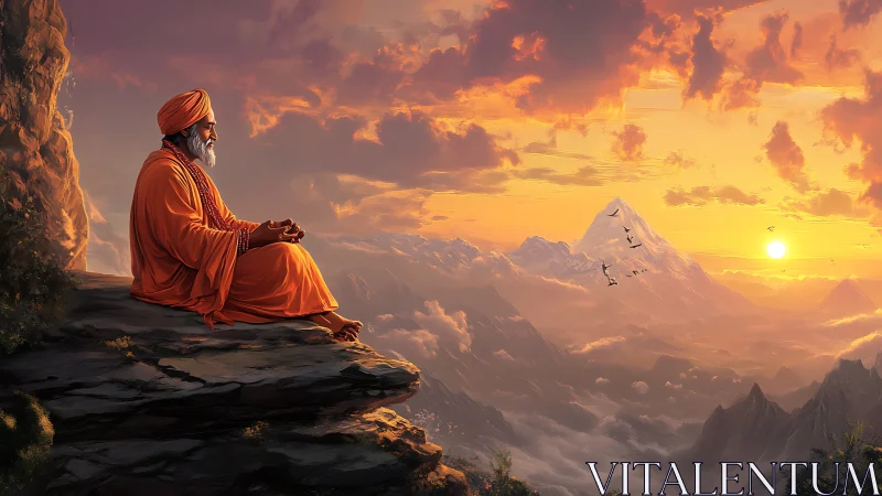 Solitary sage meditating above luminous mountain sunrise.
