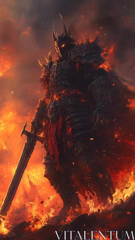 Armored fire demon warrior standing in blazing inferno.