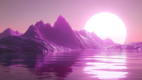 Iridescent magenta mountains mirrored in neon solar seascape.