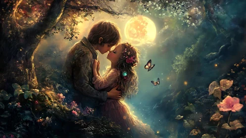 Moonlit Romance: Young Couple Embracing in Enchanted Forest Setting.