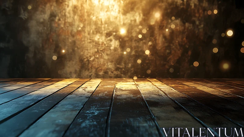 Weathered wooden floor under warm cinematic bokeh glow