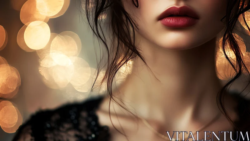 Soft-lit red lips and loose curls glow against golden bokeh