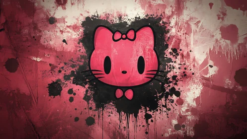 Playful pink cat face splashed across bold street art