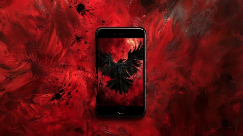 Smartphone display with black bird over red abstract field.