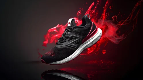 Sleek black running shoe with red accents in dynamic digital art.