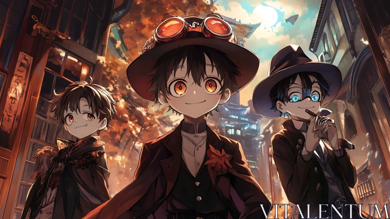 Three stylish boys walk through glowing steampunk alley