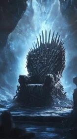 Digital painting of an icy sword throne in cavernous backlight.