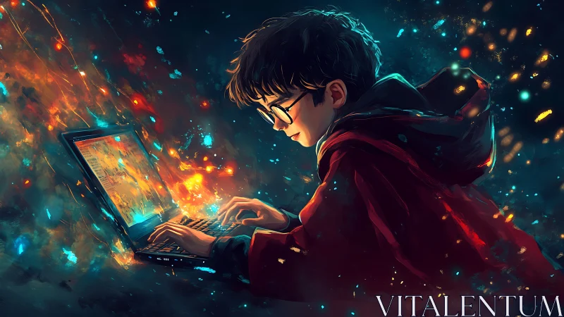 Digital painting of coding youth in luminous data nebula.