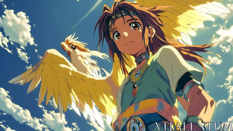 Youth with winged companion under bright sky, anime scene.