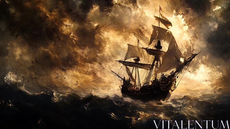 Golden storm-lit galleon sailing bravely through wild seas.