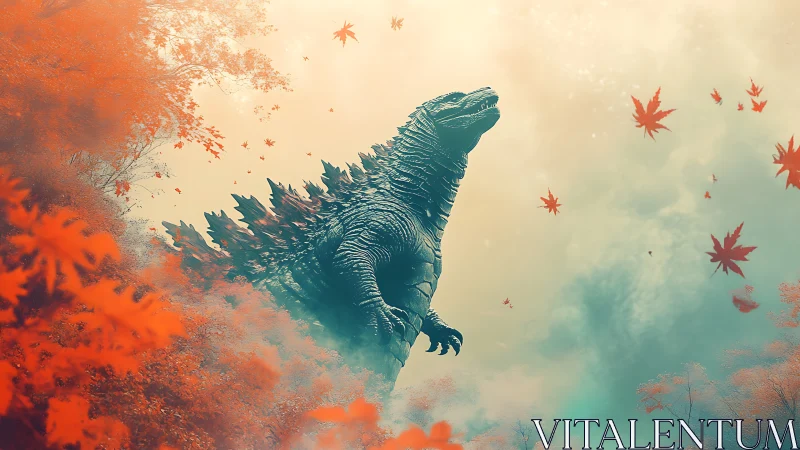 Colossal reptile rises through mist amid falling red leaves.