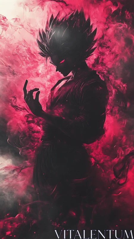 Dark anime warrior burns within crimson inferno mist