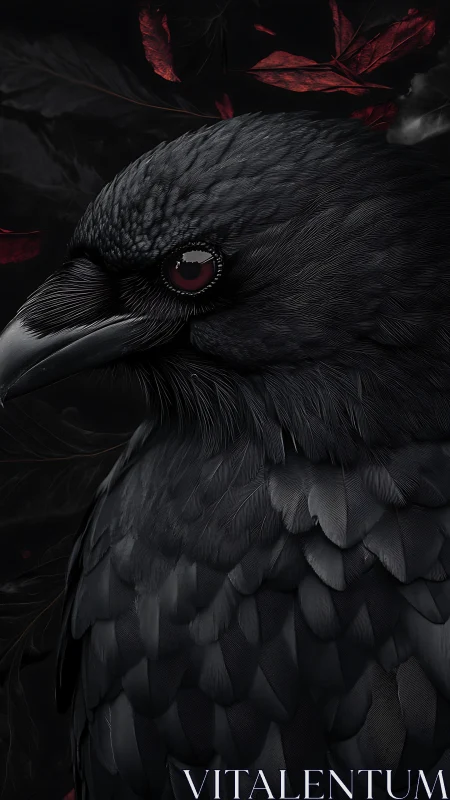 Dark raven portrait with red leaves on black background.