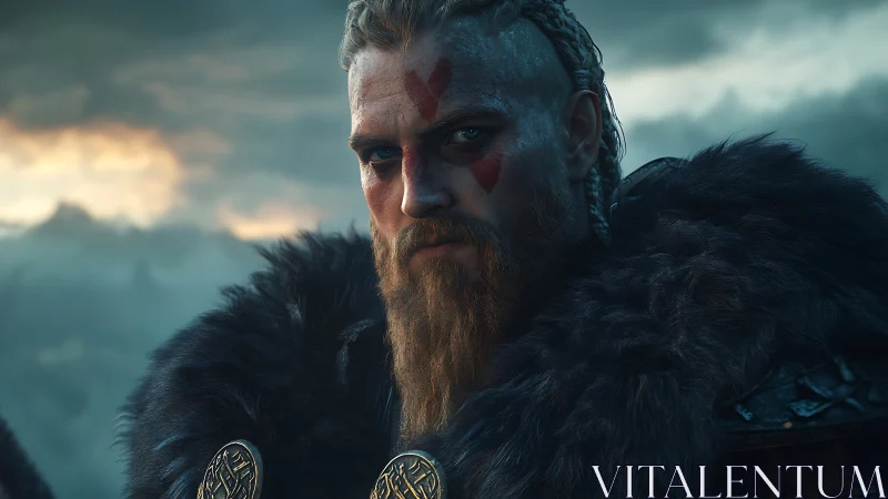 Viking warrior portrait in fur cloak at moody sunset.