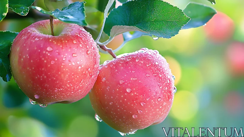 Ripe dewy apples hang from orchard branch in soft focus
