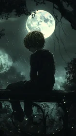 Moonlit loner on a rain-soaked railing under haunted sky.