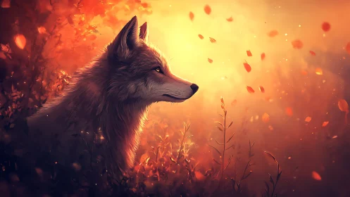 Side-lit fox portrait in glowing orange bokeh foliage field