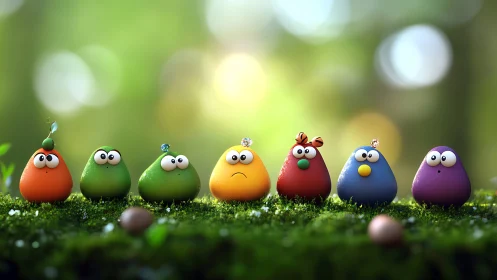 Colorful cartoon blobs lined up on moss in soft forest light.