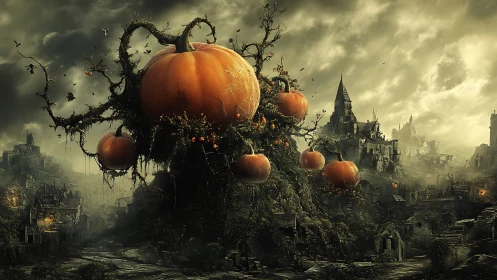Giant haunted pumpkins loom over a crumbling gothic cityscape