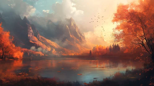 Autumn mountains glow over tranquil reflective lake at dawn.