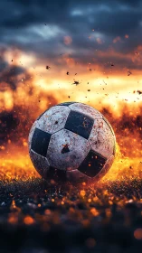 Burning soccer ball ignites wet field under storm sky.