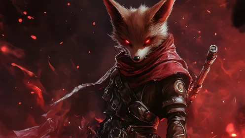 Fox warrior with glowing red eyes in burning crimson mist.