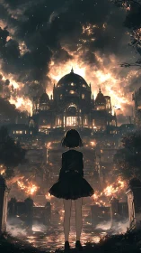 Girl observes burning domed structure under dense smoke