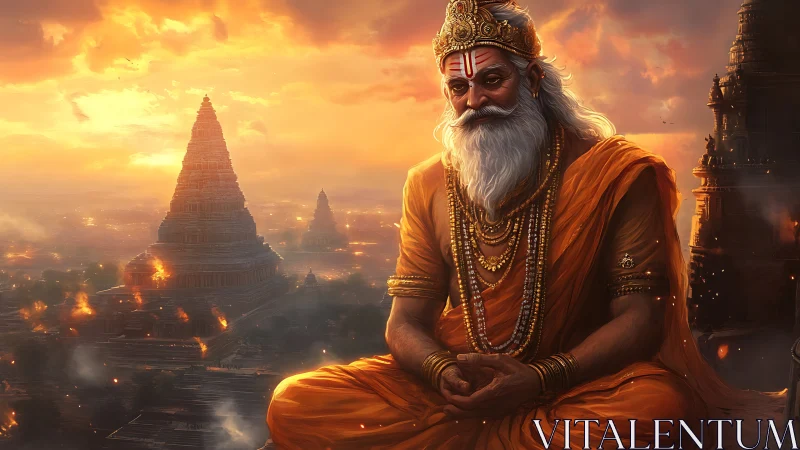 Vedic sage in blazing temple skyline at incendiary sunset.