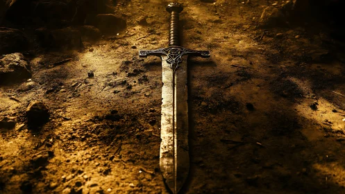 Weathered sword resting in warm, golden battlefield dust.