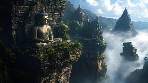 Mountain Buddha statue above misty jungle temples. Period.