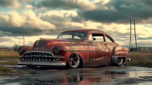 Rusty classic car on wet rural roadside under clouds.