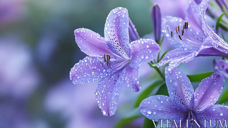 Purple lilies with morning dew drops.