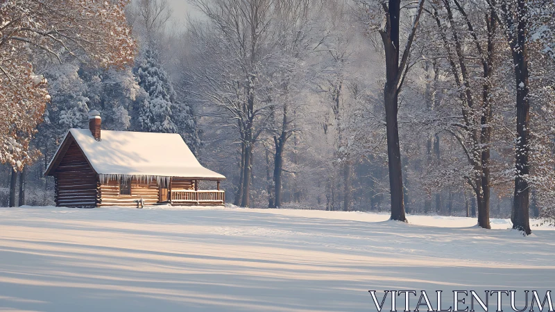 Snow covered log cabin in quiet winter forest clearing.