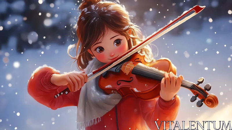 Snowlit anime girl performing violin under falling flakes.
