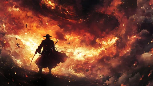 Silhouetted swordsman stands before large swirling firestorm