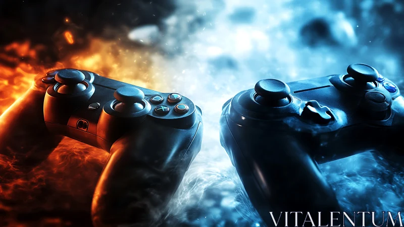 Dual game controllers in fiery orange and icy blue energy field