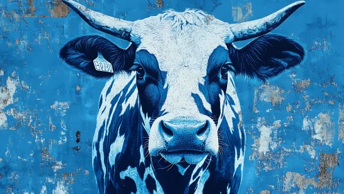 Digital painting portrait of blue cow on distressed wall background.