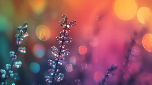 Macro plant stems with dew against multicolor bokeh field.