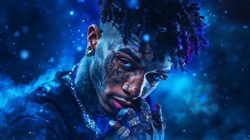 Tattooed man in blue neon light with intense expression.