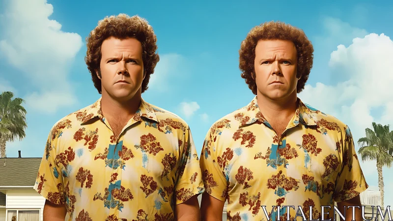 Photorealistic duplicate men in retro shirts, suburban backdrop