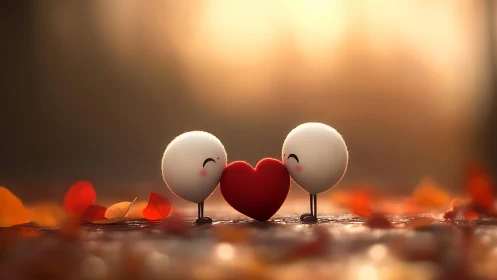 Anthropomorphic spherical figures with heart-form median object in warm bokeh environment