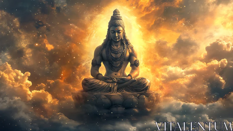 Golden celestial meditation among softly glowing clouds.