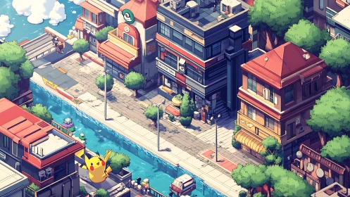 Isometric canal district with Pokémon elements in sunlight.