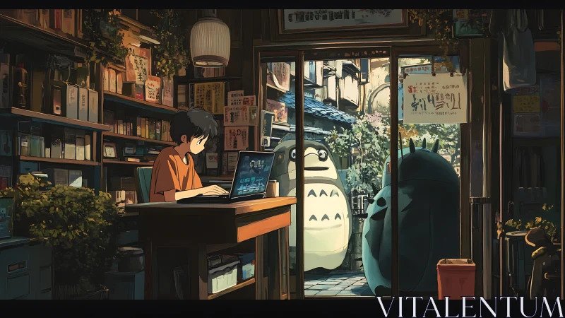 Teen at laptop in bookshop watched by forest spirits outside.