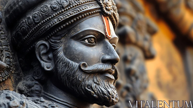 Granular close-up of carved stone warrior bust in relief profile.