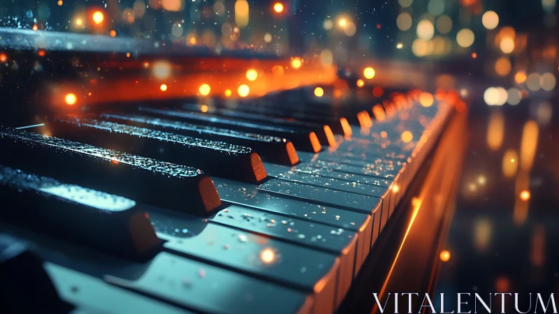Piano keys glow under cinematic bokeh city lights.