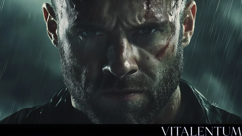 Hardened warrior stares through storm with bloodied resolve.