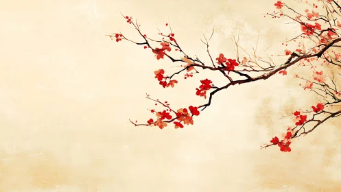 Horizontal branch with red blossoms on textured beige field.