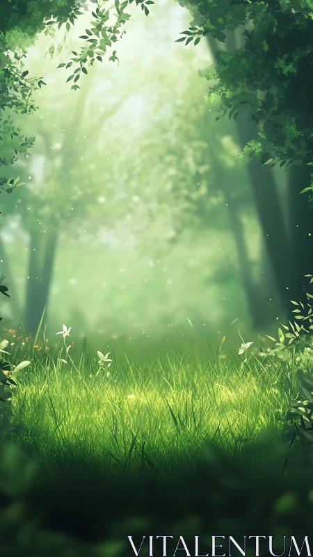 Sunlit Forest Pathway with Luminous Trees and Grass.